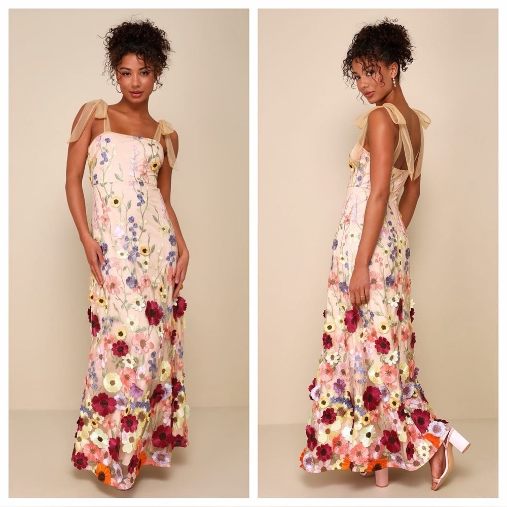 Lulus Thriving Poise Blush 3D Floral Embroidered Tie-Strap
Maxi Dress